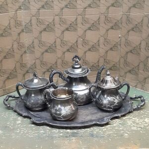 6 pc. Vintage Homan Silver plate Co tea pot, cream & sugar set, tray READ!